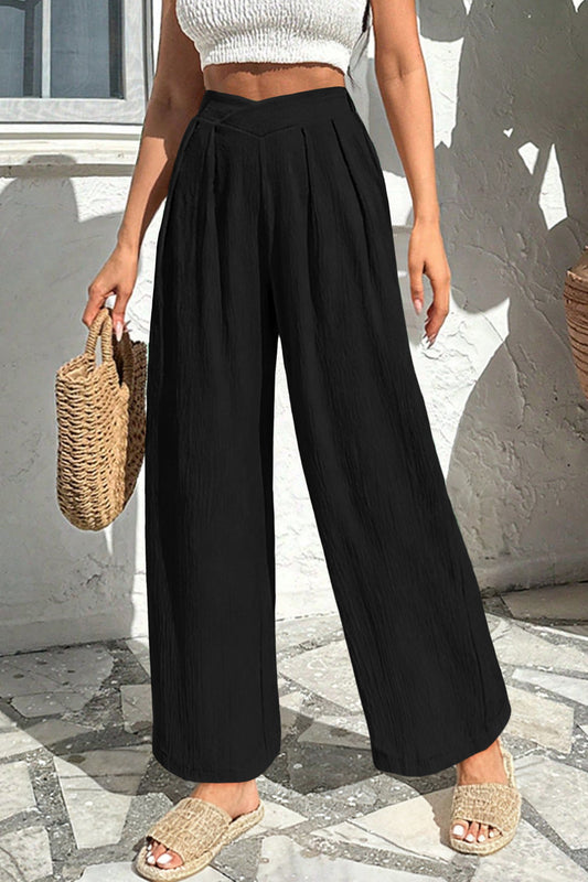 Color black Solid Color Textured Crossed Waist Loose Pants