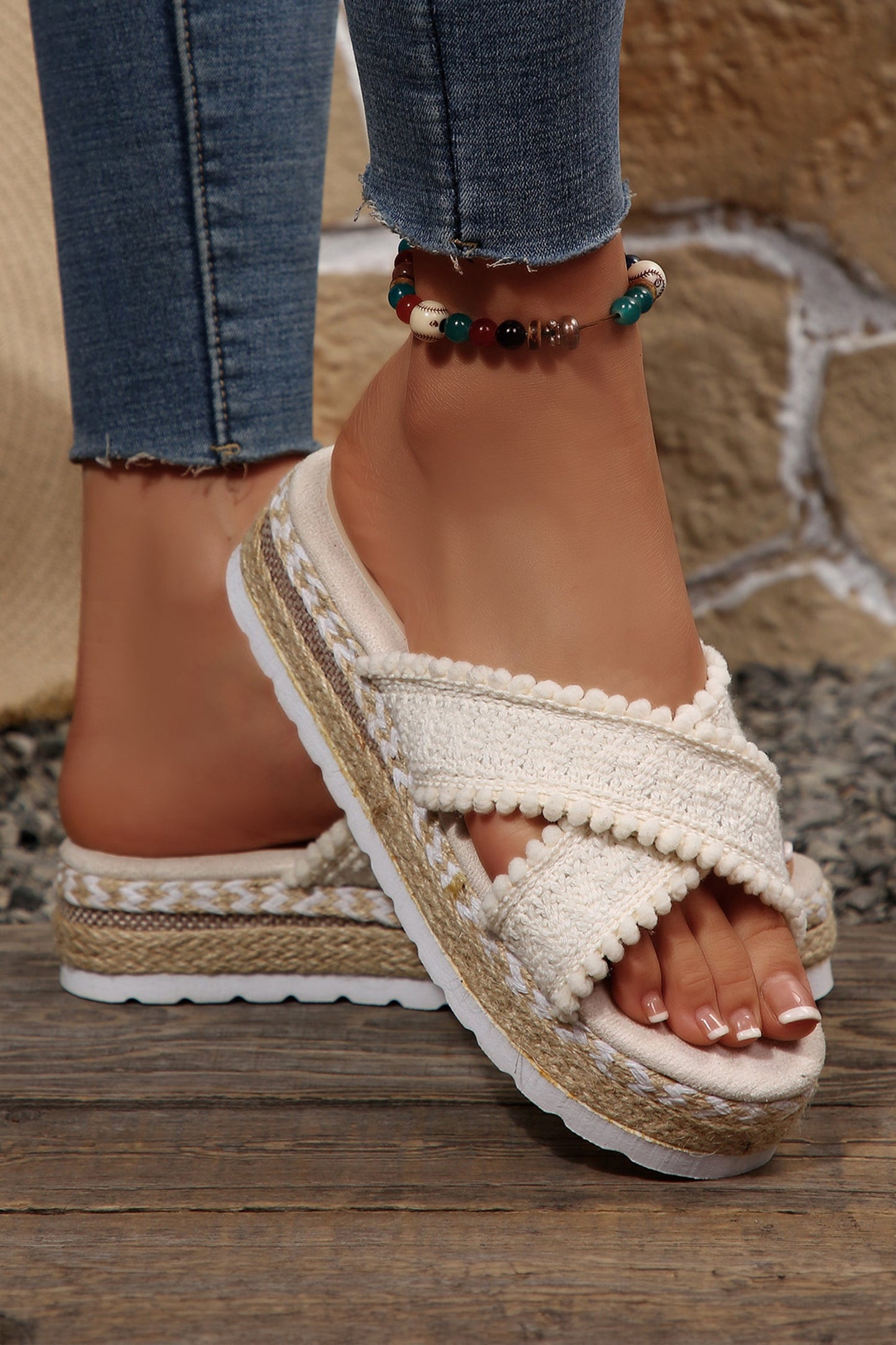 White Pompom Knit Platform Slide Slippers